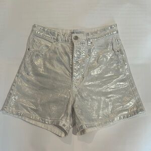 Zara Silver High Waist Shorts with Shimmery Finish